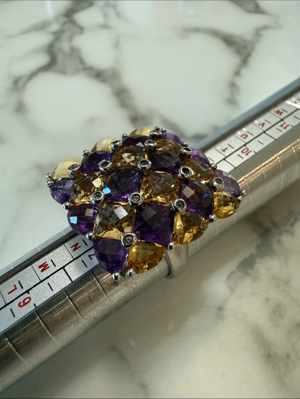 Amethyst-garnet-topaz silver checkerboard ring, size 8